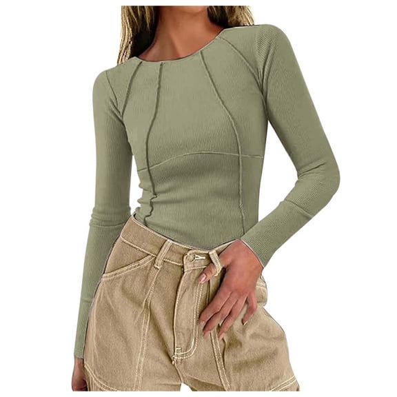 Women's Long Sleeve Tees Crew Neck Thermal T Shirts Slim Solid Color Casual Basic Tee Stretch Fall Tshirts for Women Green XS