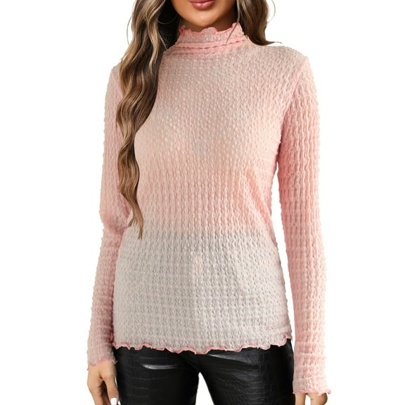 Women's Long Sleeve Tees Slim Lace Casual Thermal T Shirts Neck Basic Tee Casual Stretch Tops Fall T Shirts for Women Pink One Size