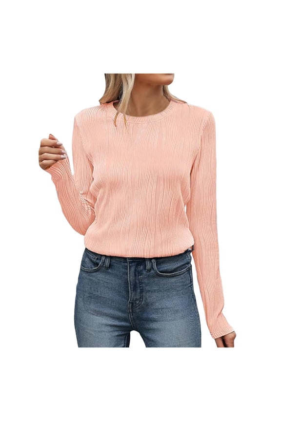 Women's Long Sleeve Textured Shirts Fall Crewneck Causal Trendy Knit Tops