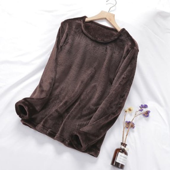 Women's Long Sleeve Thermal Pullover Winter Warm Crewneck Shirts Fleece Lined Pajamas Tops Soft Fuzzy Loungewear Coffee M