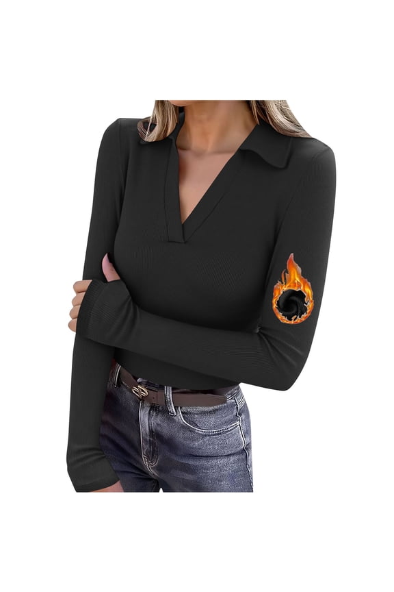Women's Long Sleeve Thermal Shirts Slim Fit Bottoming Tops Lapel V-Neck Basic T-Shirts With Thumb Holes Fall Winter Clothes Fashion 2025