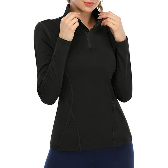 Women's Long Sleeve Thermal Workout Tops Zip Athletic Sweatshirt 1/4 Pullover Collar Sports Shirts