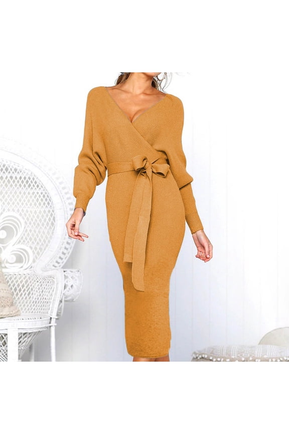Women's Long Sleeve Tie Neck Dress, Knit Ribbed V-Neck Dress for Fall Winter, Sexy Party Dress for Casual Daily Occasions