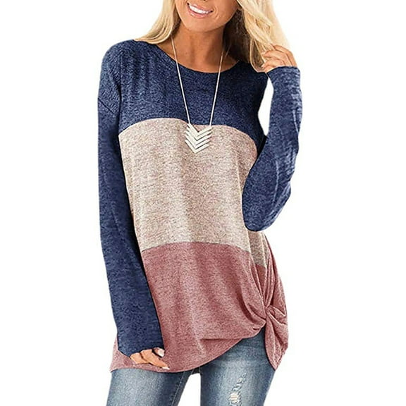 Women's Long Sleeve Top, Casual Roundneck, Color Matching Kink, Breathable Polyester, Machine Washable - Blue, Orange, Pink, XXL