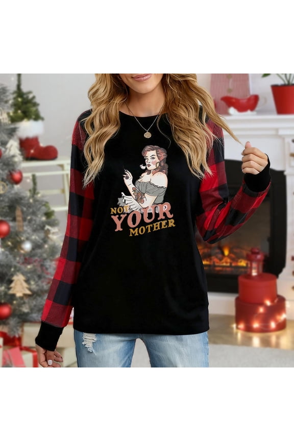 Women's Long Sleeve Top, "Not Your Mother" Edgy Tattooed Pin-Up Girl Graphic Plaid Raglan Sweatshirt