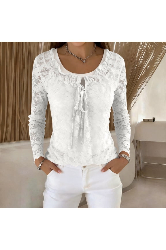 Women's Long Sleeve Top, Round Neck Lace Up Detail Elegant Blouse, Chic Pullover for Commuting or Smart Casual, White - XL