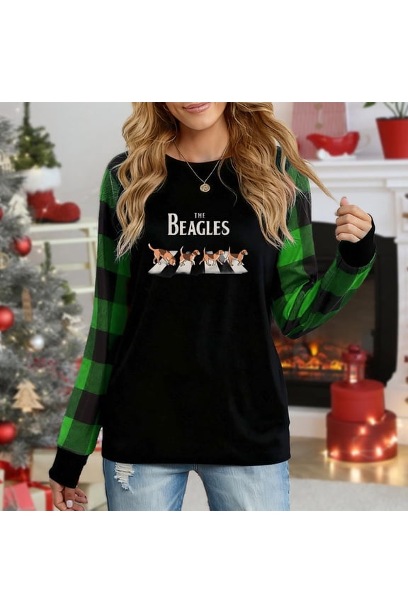 Women's Long Sleeve Top, "The Beagles" Beagle Dogs Abbey Road Parody Graphic Plaid Raglan Sweatshirt