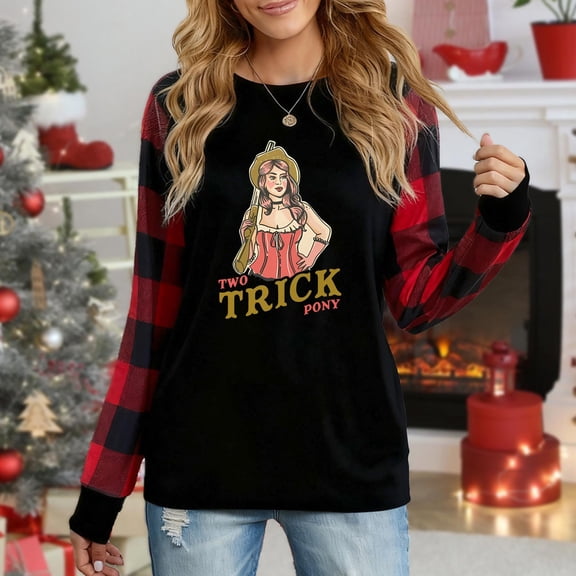 Women's Long Sleeve Top, "Two Trick Pony" Edgy Cowgirl Graphic Plaid Raglan Sweatshirt