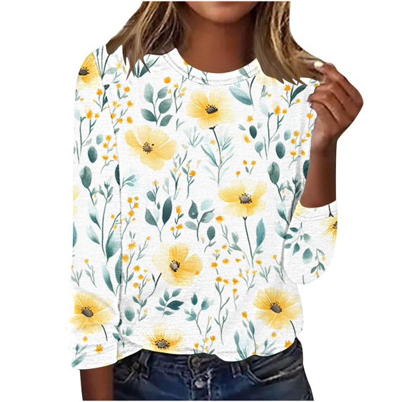 Women's Long Sleeve Tops 2026 Spring Trendy Floral Printed Tees Shirts Ladies Dressy Blouses Casual Loose Clothing