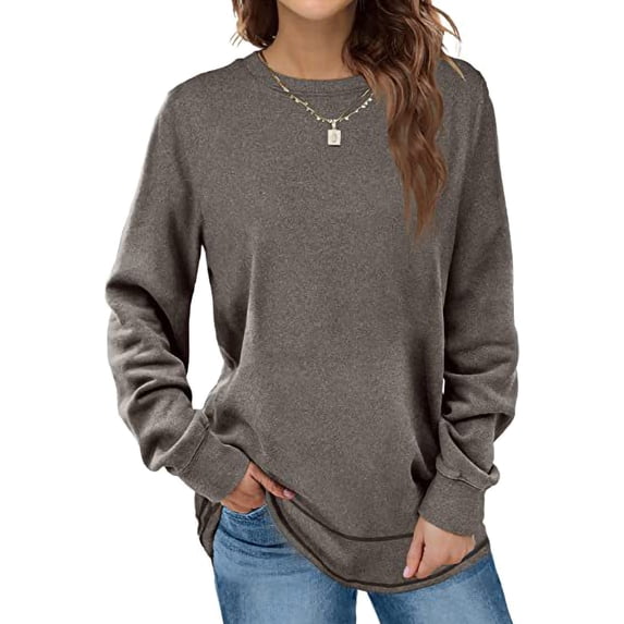 Women's Long Sleeve Tops Casual Crew Neck Tunic Blouse Loose Fit Solid Color TShirt with Curved Hem Gray L