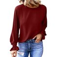 thumbnail image 1 of Women's Long Sleeve Tops Casual Crewneck Keyhole Back Solid Color Loose Blouse T Shirts Tunics with Smocked Cuffs, 1 of 4