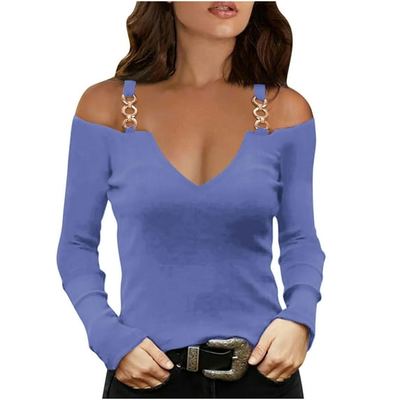 Women's Long Sleeve Tops Cold Shoulder V Neck Tunic Trendy Pullover Shirts Casual Solid Color Blouses Light Blue,3XL