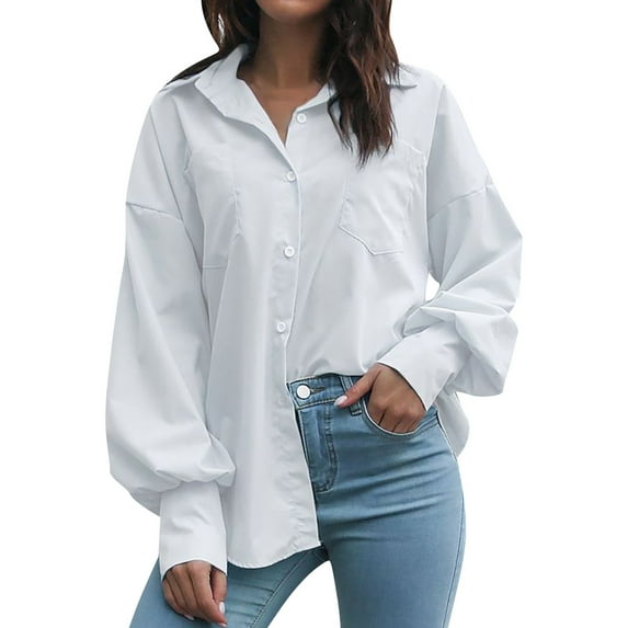 Women's Long Sleeve Tops Collared V-Neck Solid Color Casual Loose Work Office Blouses Button Down Shirt with Pockets