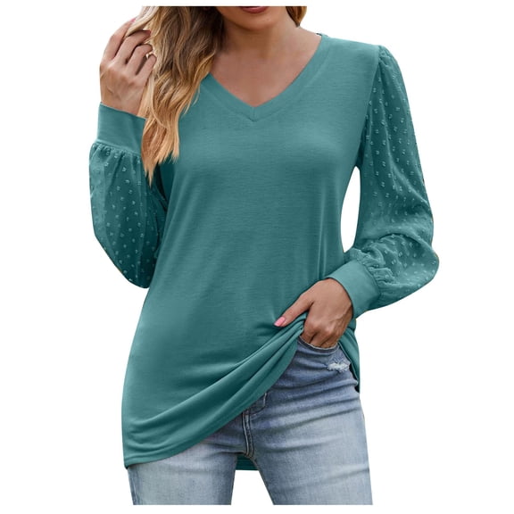 Women's Long Sleeve Tops Cotton Fall V Neck Loose Fit Lounge Shirt Women Fashion Casual Tunic Solid Color Tee (Blue XL)