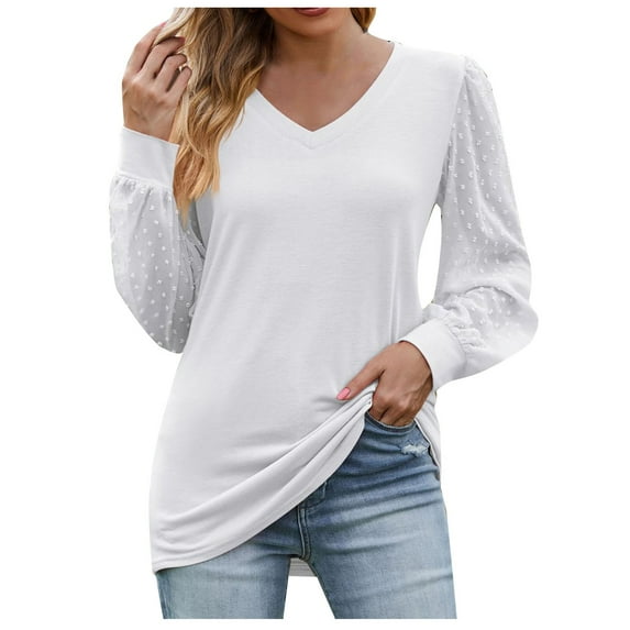 Women's Long Sleeve Tops Cotton Fall V Neck Loose Fit Lounge Shirt Women Fashion Casual Tunic Solid Color Tee (White 2XL)