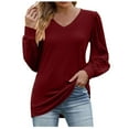 thumbnail image 1 of Women's Long Sleeve Tops Cotton Fall V Neck Loose Fit Lounge Shirt Women Fashion Casual Tunic Solid Color Tee (Wine M), 1 of 4