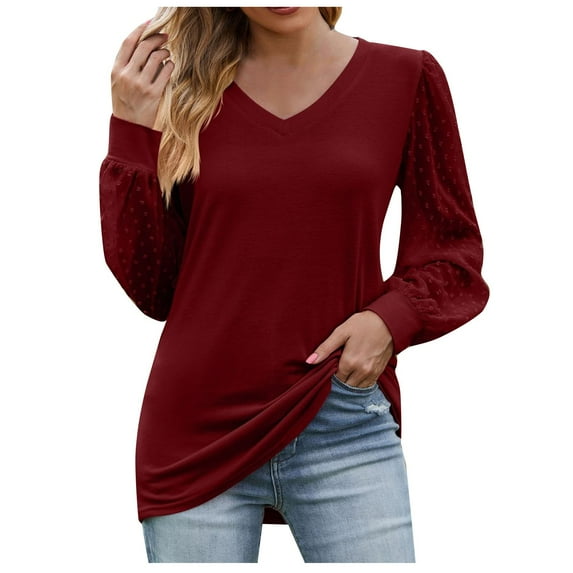 Women's Long Sleeve Tops Cotton Fall V Neck Loose Fit Lounge Shirt Women Fashion Casual Tunic Solid Color Tee (Wine M)