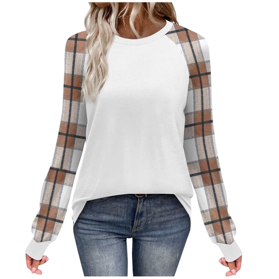 Women's Long Sleeve Tops Crew Neck Casual Trendy Fall Spring T-Shirts Color Block Raglan Shirts Loose Fit (S, Khaki)