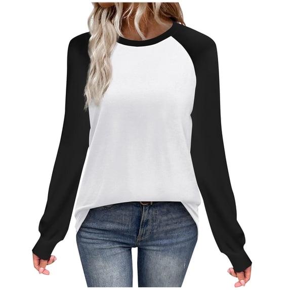Women's Long Sleeve Tops Crew Neck Casual Trendy Fall Spring T-Shirts Color Block Raglan Shirts Loose Fit (XL, Black)
