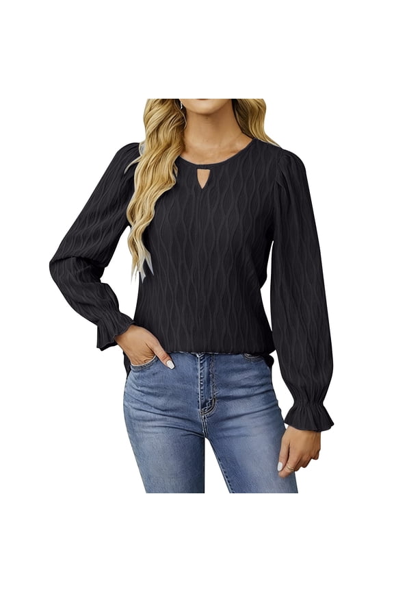 Women's Long Sleeve Tops Dressy Casual Textured Work Blouses Crew Neck Keyhole Puff Sleeve Shirts