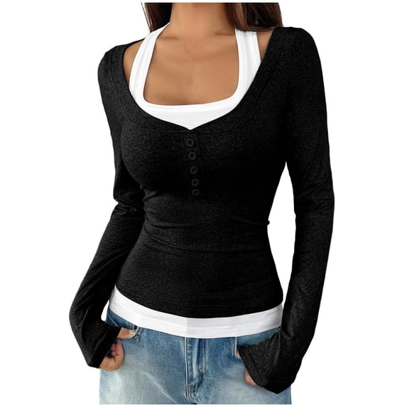 Women's Long Sleeve Tops Halter Scoop Neck Henley 2 in 1 T-Shirts Y2K Going Out Tops Slim Fitted Basic Blouses
