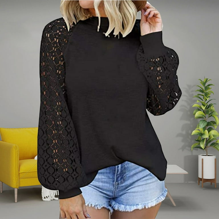 Women's 0-neck stitching lace long T-shirt Women's 0-neck stitching lace long T-shirt