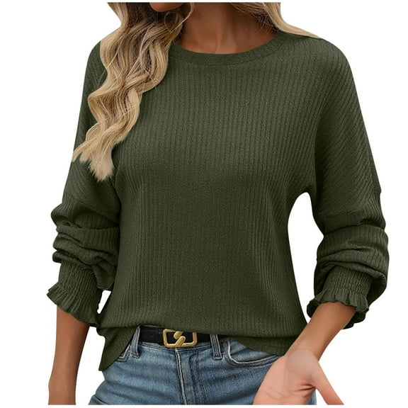 Women's Long Sleeve Tops Ribbed Crewneck Casual Basic Slim Knit T Shirt Lightweight Loose Sweaters Solid Color Tee