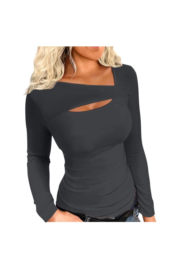 Women's Long Sleeve Tops Skew V-Neck Stretch Underscrubs Slim Fit Hollow Out Tees Shirts Tops Casual Bottoming Shirts