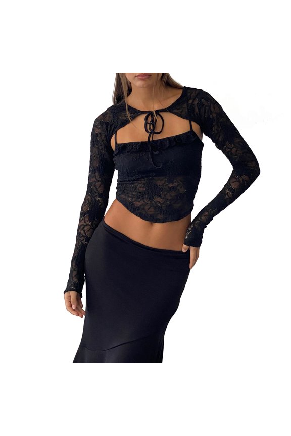 Women's Long Sleeve Tops Spaghetti Strap Lace Cami Tops and Long Sleeve Tie-up Shrug Set Going Out Tops