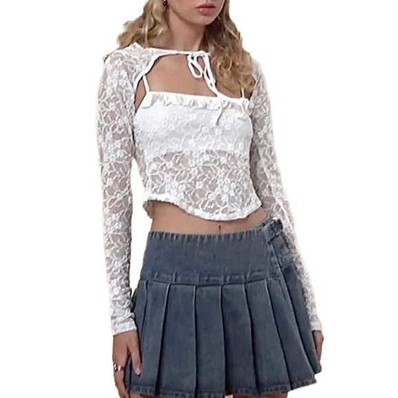 Women's Long Sleeve Tops Spaghetti Strap Lace Cami Tops and Long Sleeve Tie-up Shrug Set Going Out Tops