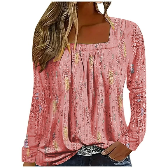 Women's Long Sleeve Tops Square Neck Floral Print Boho Beach T-Shirts Loose Fit Fashion Vacation Casual Summer Fall Blouses