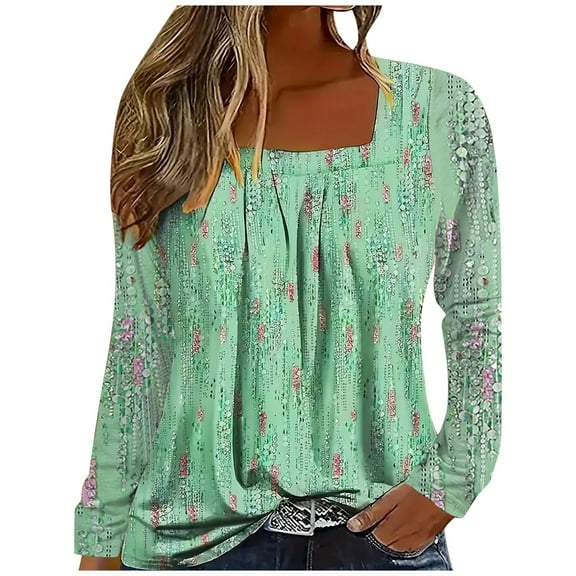 Women's Long Sleeve Tops Square Neck Floral Print Boho Beach T-Shirts Loose Fit Fashion Vacation Casual Summer Fall Blouses