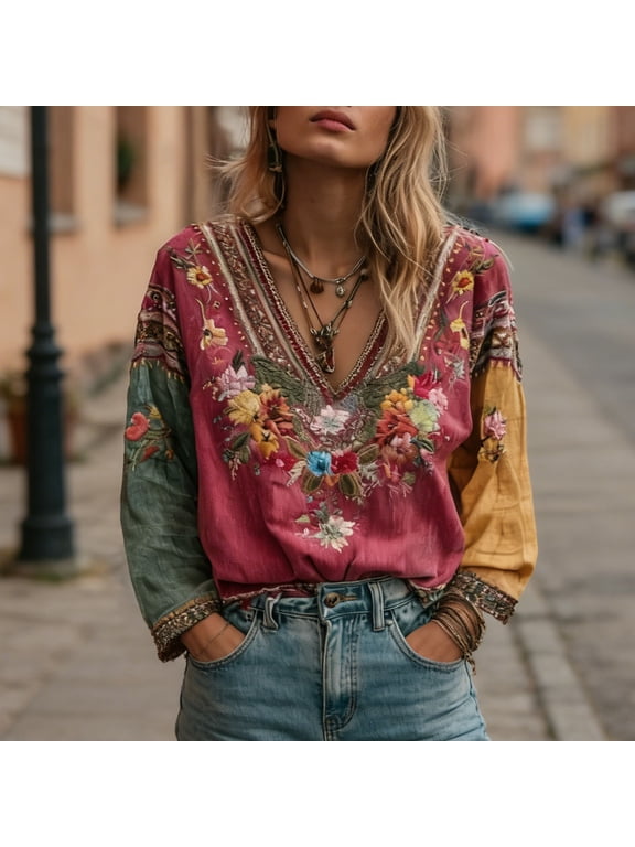 Women's Long Sleeve Tops Summer Basic V Neck Bohemian Floral Embroidered Blouse Plus Size Casual Shirt,S,Red
