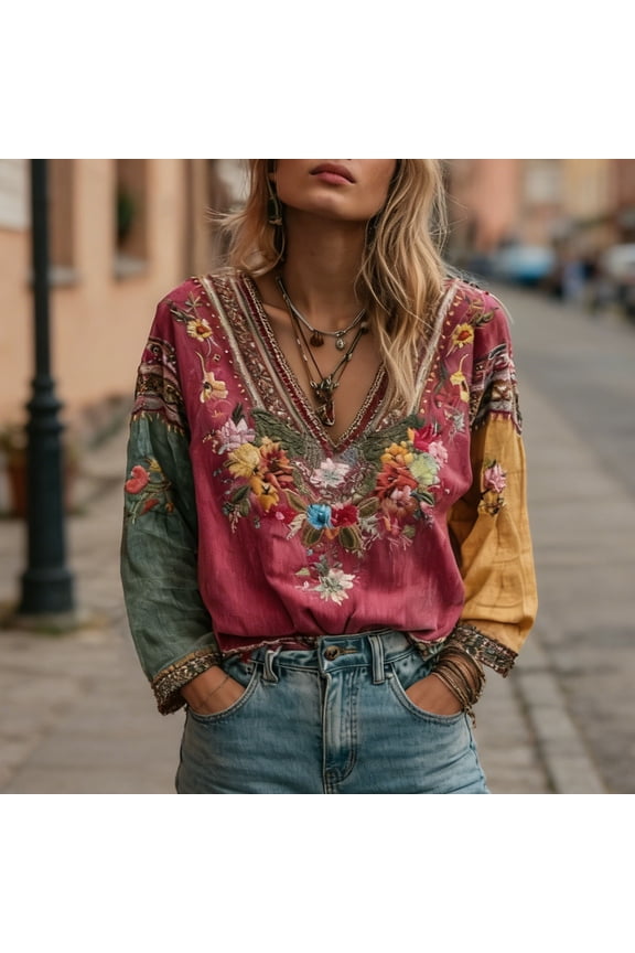 Women's Long Sleeve Tops Summer Basic Tee V Neck Bohemian Floral Embroidered Blouse For Elegant Tunic Ethnic Print Plus Size Casual Shirt Womens T-Shirts S-5XL