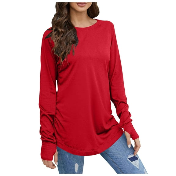Women's Long Sleeve Tops Tops for Women Women Long Sleeve Top Round Neck Basic Solid Color TShirt Shirt Thumbhole Tunic