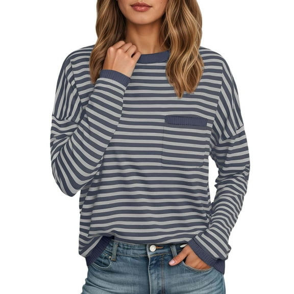 Women's Long Sleeve Tops Tshirts Casual Loose Fit Striped Color Winter Soft Basic Fall Clothes for Women Tees Blouses Grey S