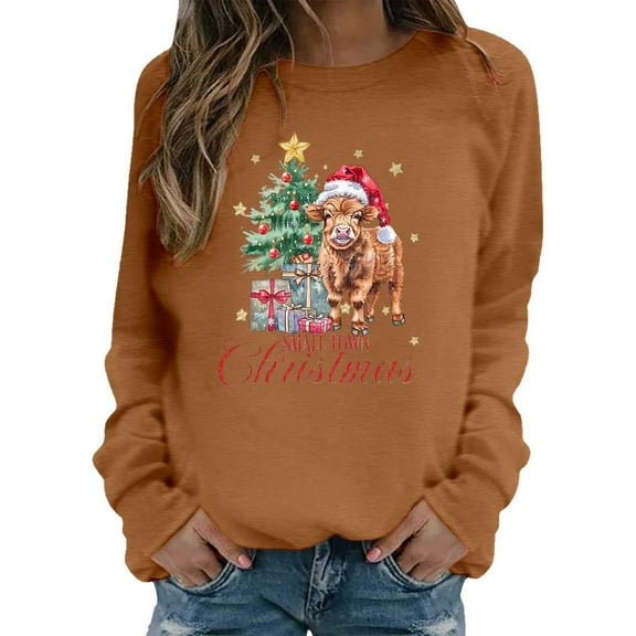 Women's Long Sleeve Tops Tshirts Cow Christmas Print Sweatshirts Festive Western Graphic Pullover Casual Soft Crewneck Fall Clothes for Women Tees Blouses Brown L