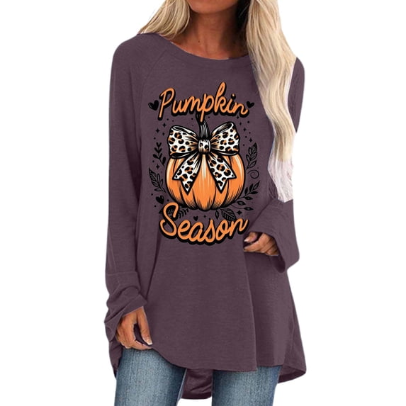 Women's Long Sleeve Tops Tshirts Halloween Graphic Print Casual Loose Fit Crewneck Winter Fall Clothes for Women Tees Blouses Purple S
