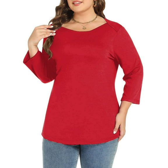 Women's Long Sleeve Tops Tshirts Plus Size Casual Solid Color Three Quarter Sleeve Loose Fit Summer Spring Tunic Fall Clothes for Women Tees Blouses Red XL