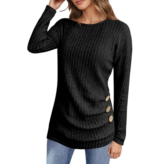 Women's Long Sleeve Tops Tshirts Plus Size Winter Knitted Ladies Soft Button Crewneck Ribbed Fashion Fall Clothes for Women Tees Blouses Black S