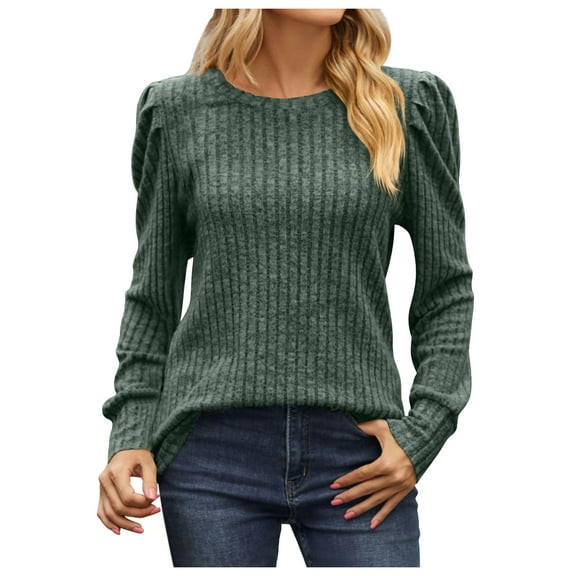 Women's Long Sleeve Tops Tshirts Solid Ground Crewneck Bubble Shoulder Fall Clothes for Women Tees Blouses Green L