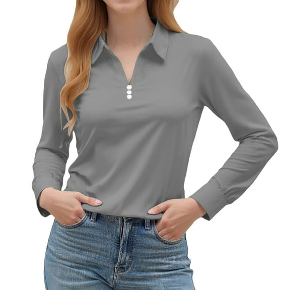 Women's Long Sleeve Tops Tshirts V Neck Casual Polos Fall Clothes for Women Tees Blouses Grey XL