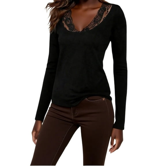 Women's Long Sleeve Tops Tunic Crew Neck Shirt Basic Tee Dressy Lace Basic Tee Black 2XL