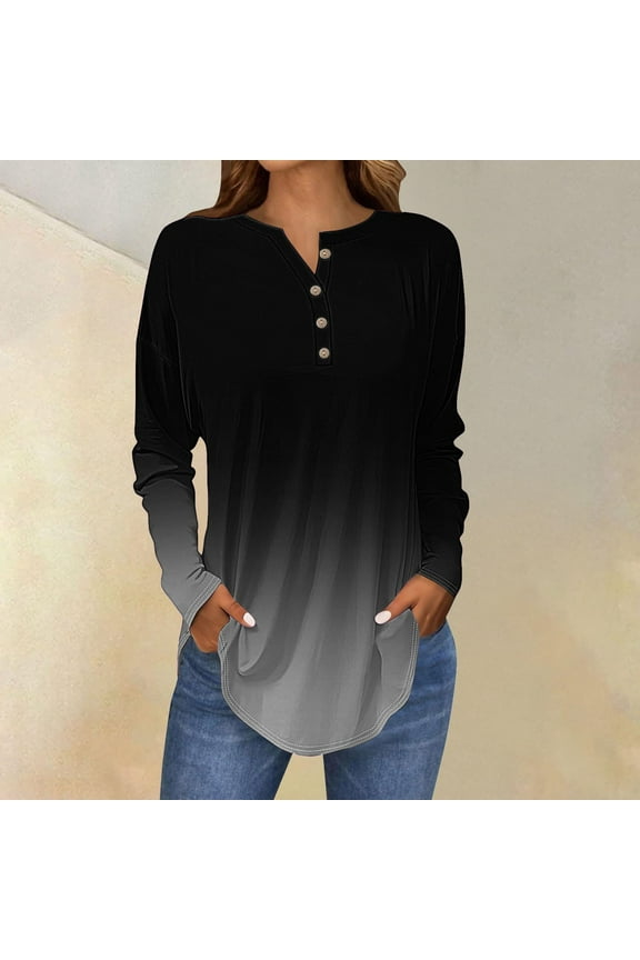 Women's Long Sleeve Tops with V-Neck and Button Detail, Casual Petite T-Shirts with Drop Shoulder and Curved Hem, Breathable Comfortable Blouse for All Seasons Black L
