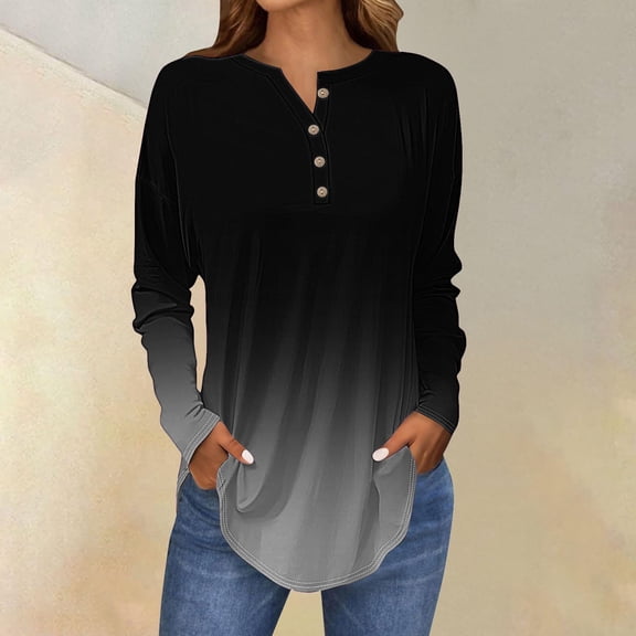Women's Long Sleeve Tops with V-Neck and Button Detail, Casual Petite T-Shirts with Drop Shoulder and Curved Hem, Breathable Comfortable Blouse for All Seasons Black M
