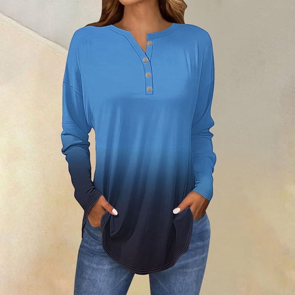 Women's Long Sleeve Tops with V-Neck and Button Detail, Casual Petite T-Shirts with Drop Shoulder and Curved Hem, Breathable Comfortable Blouse for All Seasons Blue M