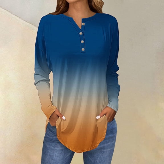 Women's Long Sleeve Tops with V-Neck and Button Detail, Casual Petite T-Shirts with Drop Shoulder and Curved Hem, Breathable Comfortable Blouse for All Seasons Dark Blue S