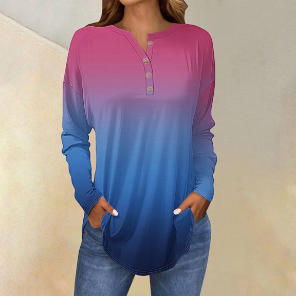 Women's Long Sleeve Tops with V-Neck and Button Detail, Casual Petite T-Shirts with Drop Shoulder and Curved Hem, Breathable Comfortable Blouse for All Seasons Hot Pink M