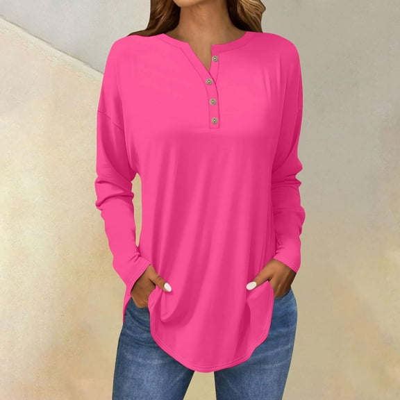 Women's Long Sleeve Tops with V-Neck and Button Detail, Casual Petite T-Shirts with Drop Shoulder and Curved Hem, Breathable Comfortable Blouse for All Seasons Hot Pink S