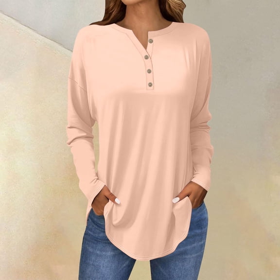 Women's Long Sleeve Tops with V-Neck and Button Detail, Casual Petite T-Shirts with Drop Shoulder and Curved Hem, Breathable Comfortable Blouse for All Seasons Khaki XXXL